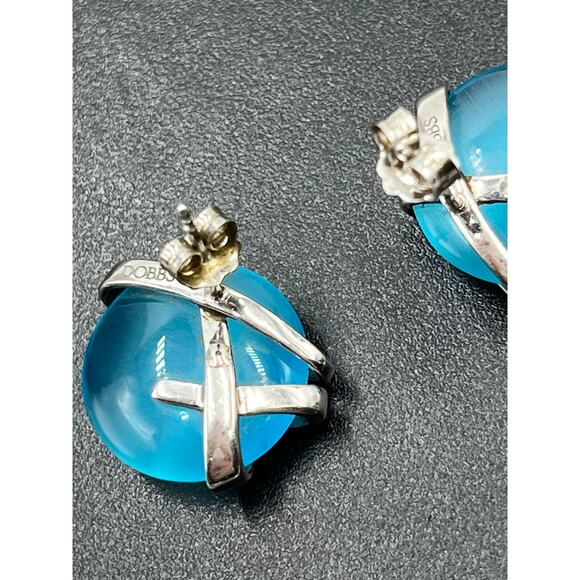 DOBBS 925 PE Sterling Silver Blue Stone Cabochon Pierced Earrings Vintage 5/8" - Picture 10 of 16